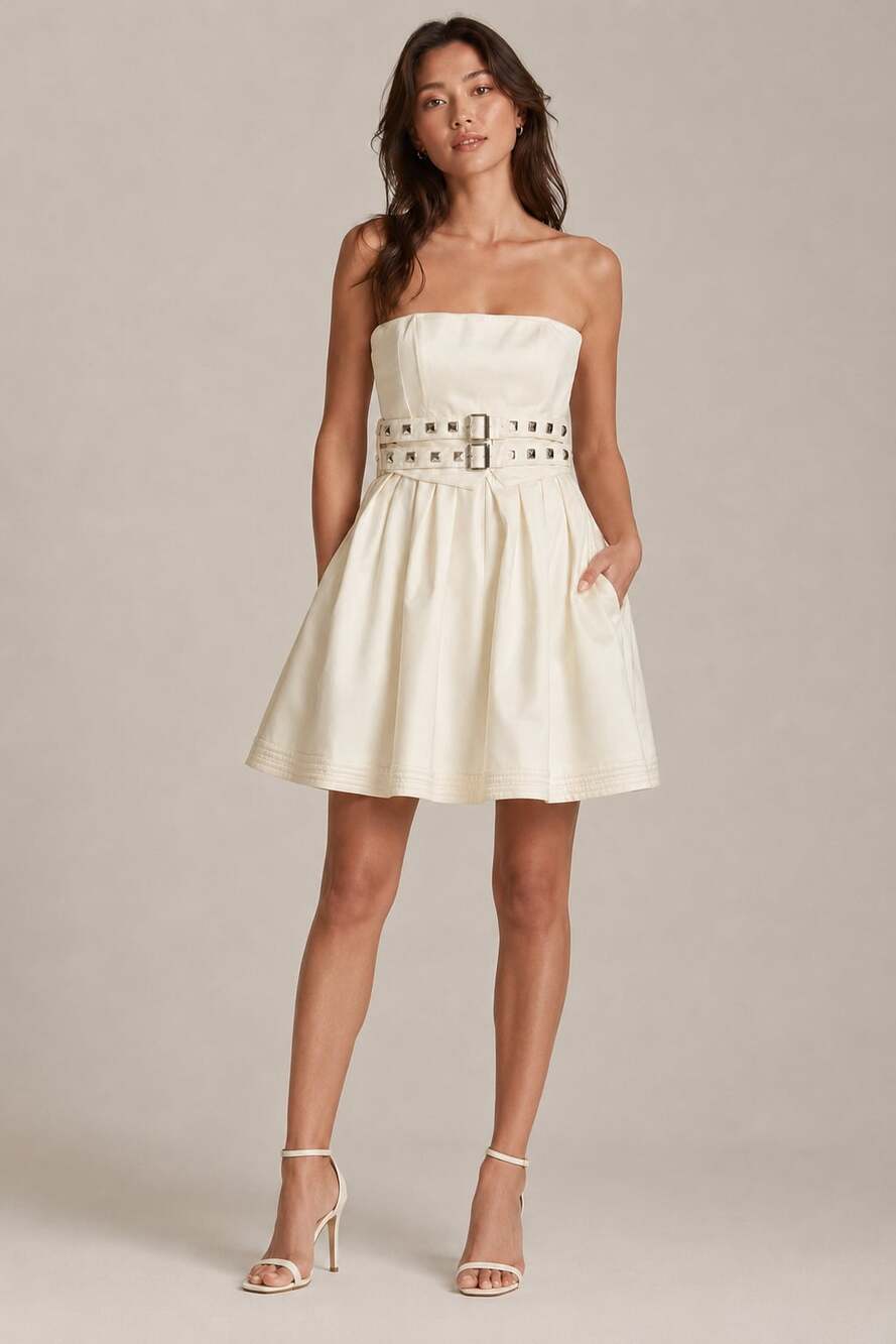 LaRok White Strapless Studded Belted Mini Dress Size M